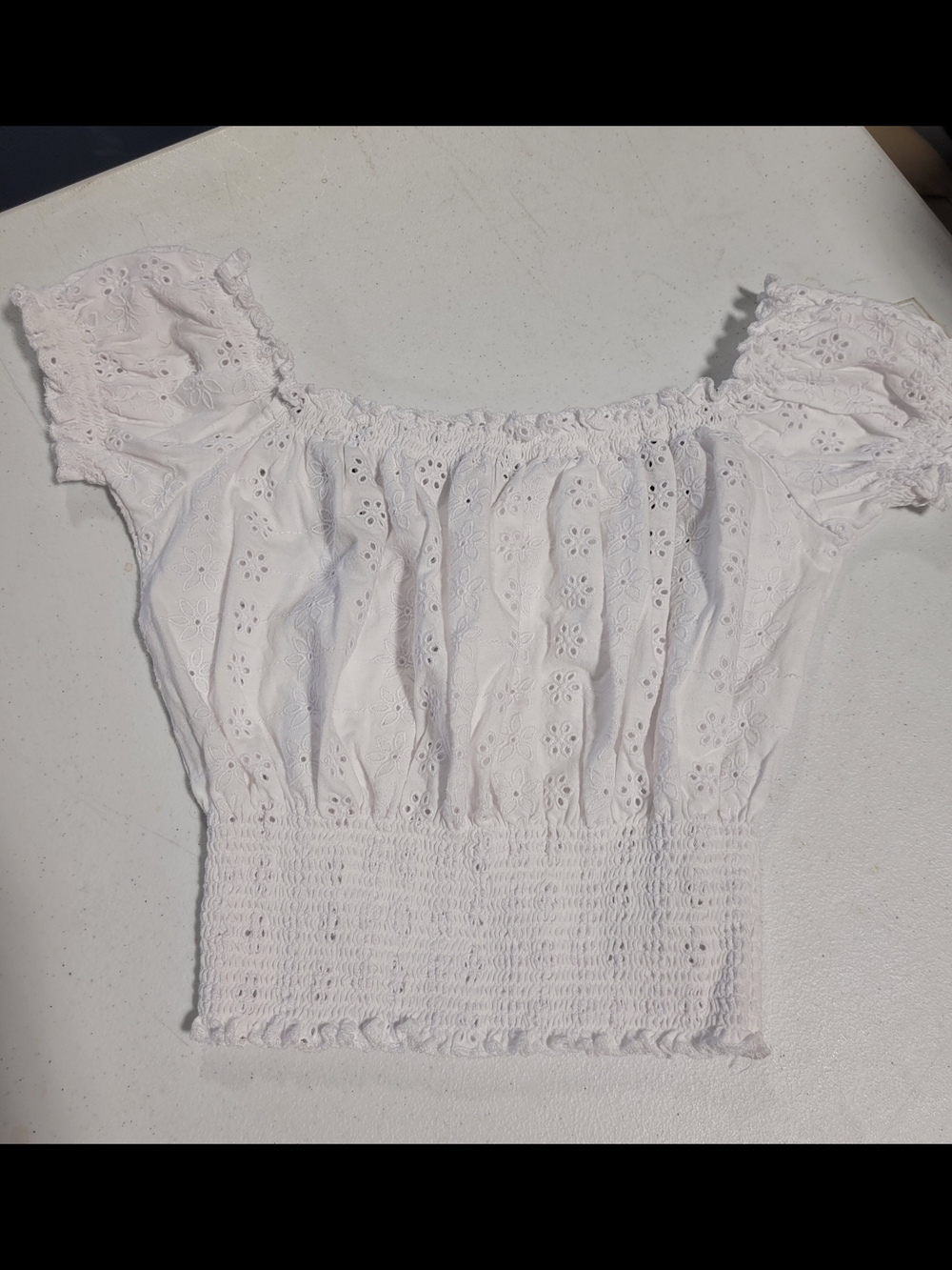 White Eyelet Off-Shoulder Smocked Waist Top